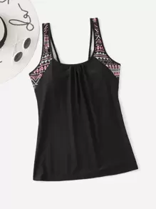 Swim Lushoire Summer Beach Plus Geometric Print Ruched Tankini Top - Black - View 1