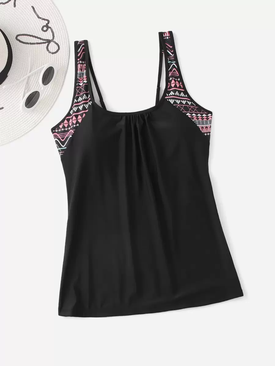 Swim Lushoire Summer Beach Plus Geometric Print Ruched Tankini Top - Black - View 1