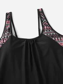 Swim Lushoire Summer Beach Plus Geometric Print Ruched Tankini Top - Black - View 5