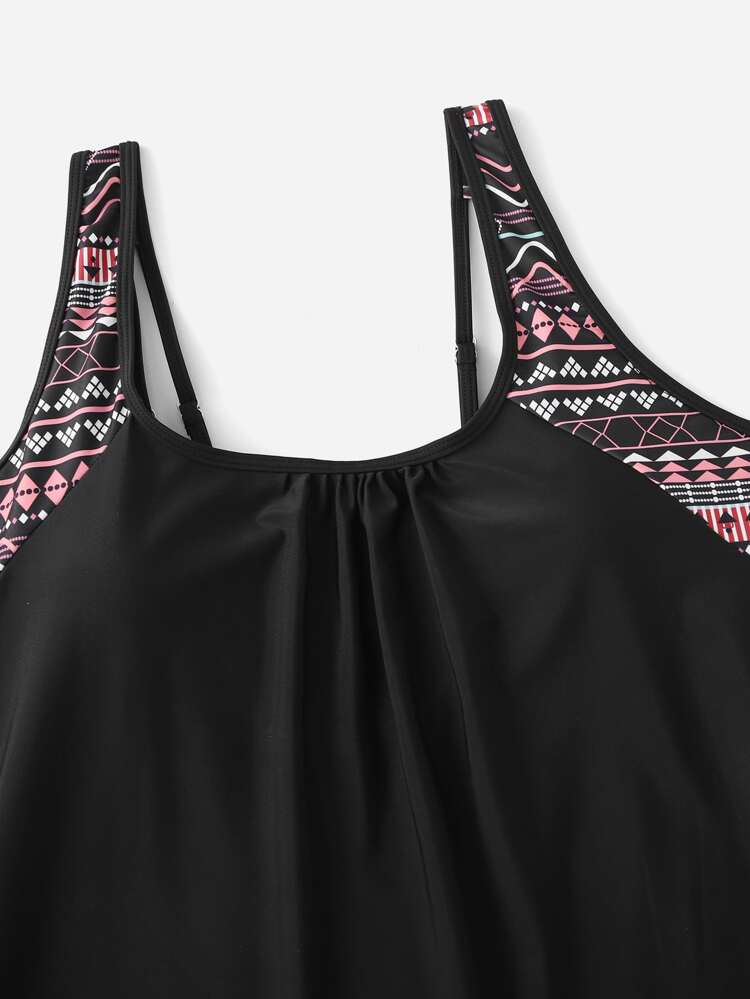 Summer Beach Plus Geometric Print Ruched Tankini Top