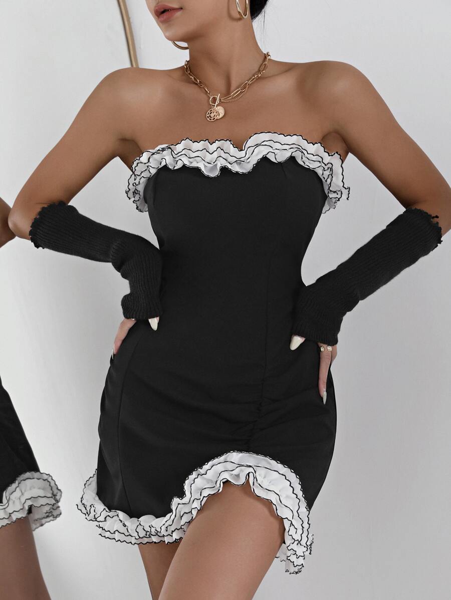 SHEIN SXY Ruffle Detail Mini Dress Without Gloves - Black - View 1