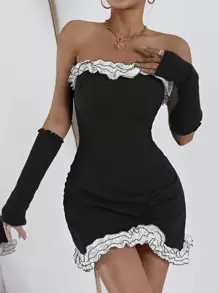 SHEIN SXY Ruffle Detail Mini Dress Without Gloves - Black - View 4