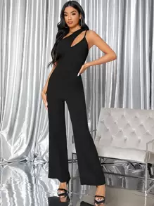SHEIN Asymmetric Neck Wide Leg Jumpsuit - Black - View 1