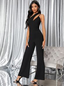 SHEIN Asymmetric Neck Wide Leg Jumpsuit - Black - View 5