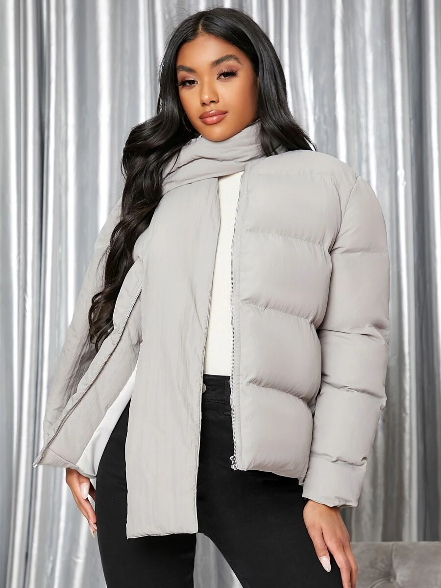 SHEIN Zip Up Puffer Padded Coat With Scarf - Light Grey - View 1