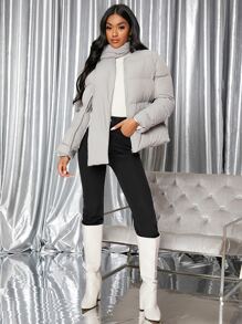 SHEIN Zip Up Puffer Padded Coat With Scarf - Light Grey - View 3