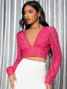 SHEIN V-neck Puff Sleeve Crop Lace Top - Pink - View 2