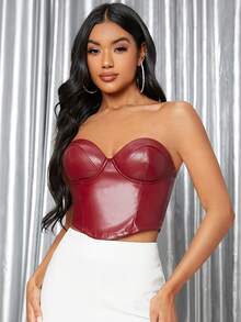 SHEIN Backless Crop PU Leather Tube Top - Burgundy - View 2
