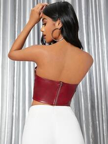SHEIN Backless Crop PU Leather Tube Top - Burgundy - View 4
