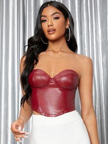 SHEIN Backless Crop PU Leather Tube Top - Burgundy - View 3