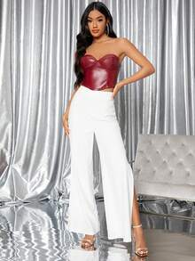 SHEIN Backless Crop PU Leather Tube Top - Burgundy - View 5