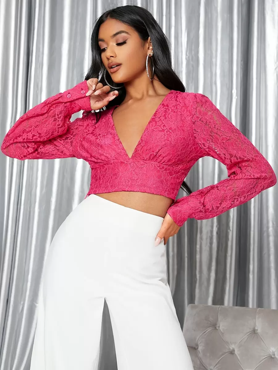 SHEIN V-neck Puff Sleeve Crop Lace Top - Pink - View 1