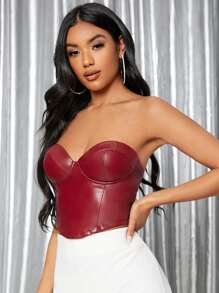 SHEIN Backless Crop PU Leather Tube Top - Burgundy - View 1