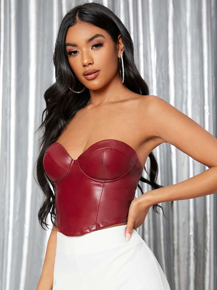 SHEIN Backless Crop PU Leather Tube Top - Burgundy - View 1
