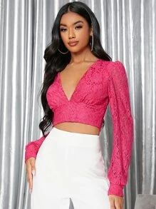 SHEIN V-neck Puff Sleeve Crop Lace Top - Pink - View 5