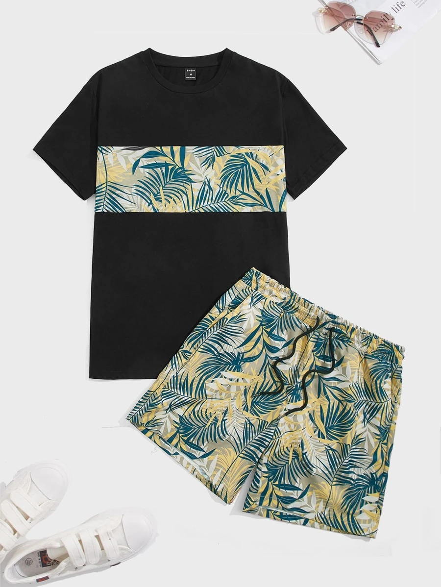 GENTILAND Hombres Conjunto shorts con top con estampado tropical panel