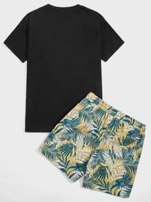 GENTILAND Hombres Conjunto shorts con top con estampado tropical panel