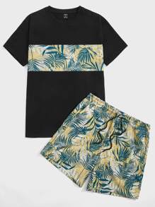 GENTILAND Hombres Conjunto shorts con top con estampado tropical panel