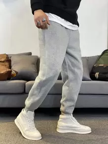 Manfinity Hypemode Pantalones De Chándal Para Hombres Con Bolsillo Inclinado Y Color Sólido - Gris Claro - Ver 1
