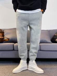 Manfinity Hypemode Pantalones De Chándal Para Hombres Con Bolsillo Inclinado Y Color Sólido - Gris Claro - Ver 3