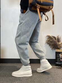 Manfinity Hypemode Pantalones De Chándal Para Hombres Con Bolsillo Inclinado Y Color Sólido - Gris Claro - Ver 4