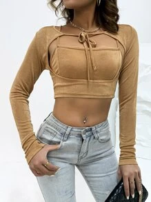 AAmilife Tie Neck Cut Out Front Top & Camisole - Khaki - View 1
