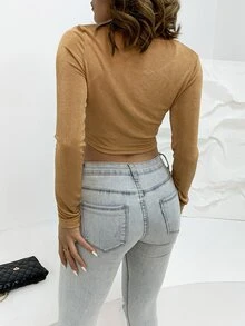 AAmilife Tie Neck Cut Out Front Top & Camisole - Khaki - View 2