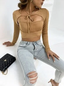 AAmilife Tie Neck Cut Out Front Top & Camisole - Khaki - View 3