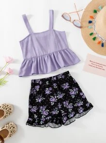 Niñitas bajo con fruncido Top de tirantes & con estampado floral Shorts - Multicolor - Ver 1