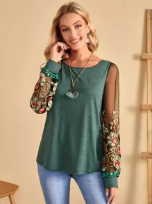EMERY ROSE Top con bordado floral de manga farol - Verde - Ver 1