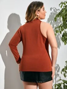 Plus Mock Neck Asymmetrical Tee - Rust Brown - View 2