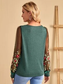 EMERY ROSE Top con bordado floral de manga farol - Verde - Ver 2