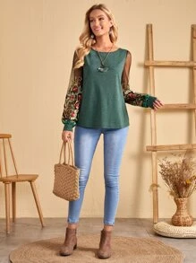 EMERY ROSE Top con bordado floral de manga farol - Verde - Ver 3