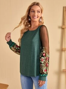 EMERY ROSE Top con bordado floral de manga farol - Verde - Ver 4