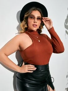 Plus Mock Neck Asymmetrical Tee - Rust Brown - View 5