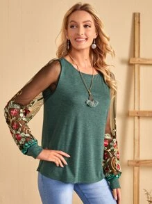 EMERY ROSE Top con bordado floral de manga farol - Verde - Ver 5