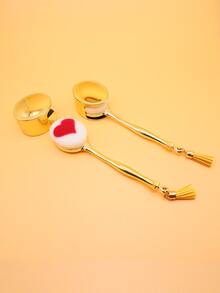 1 pieza Brocha de maquillaje con patrón de corazón con diseño de fleco - Dorado - Ver 4