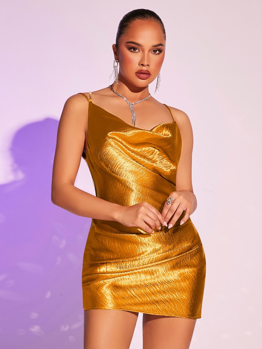 SHEIN Rhinestone Chain Backless Dress - Gold - View 1