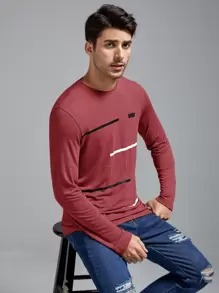 Manfinity VCAY Men Striped Print Patched Detail Tee - Burgundy - View 1
