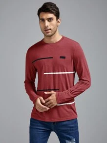 Manfinity VCAY Men Striped Print Patched Detail Tee - Burgundy - View 3