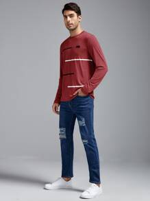Manfinity VCAY Men Striped Print Patched Detail Tee - Burgundy - View 4