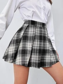 SHEIN Unity Tartan Print Pleated Skirt - Black and White - View 1