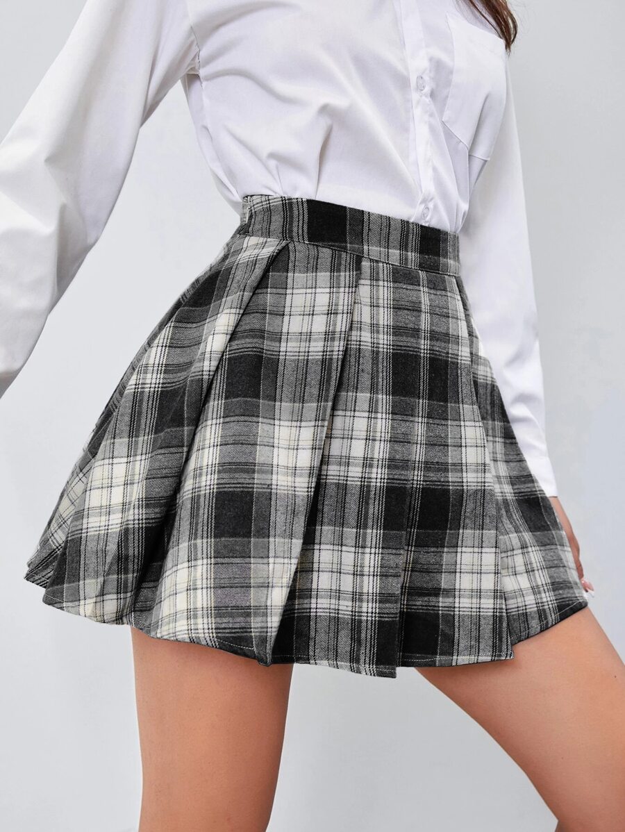 SHEIN Unity Tartan Print Pleated Skirt - Black and White - View 1