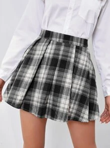 SHEIN Unity Tartan Print Pleated Skirt - Black and White - View 5