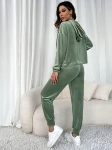 Drop Shoulder Hoodie & Trousers Lounge Set - Green - View 2