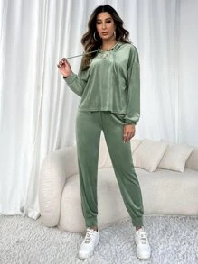 Drop Shoulder Hoodie & Trousers Lounge Set - Green - View 4