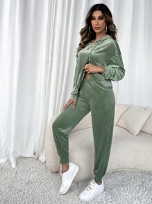 Drop Shoulder Hoodie & Trousers Lounge Set - Green - View 5