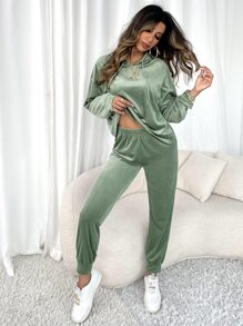 Drop Shoulder Hoodie & Trousers Lounge Set - Green - View 1