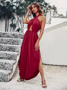 Áo liền quần nữ Lộ Lưng Hội Chữ thập Cắt ra Buộc lại Tách cao màu trơn Gợi cảm - Màu Đỏ Sâu - Xem 1