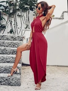 Áo liền quần nữ Lộ Lưng Hội Chữ thập Cắt ra Buộc lại Tách cao màu trơn Gợi cảm - Màu Đỏ Sâu - Xem 6